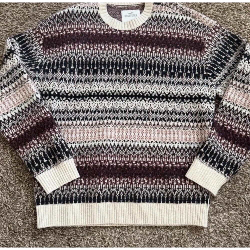 Hollister Sweater Mens Large Beige Fair Isle Tight Knit Crewneck Pullover Casual